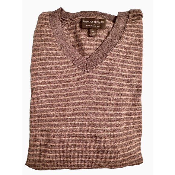 Banana Republic Men's 100% Merino Wool Brown Striped Sweater Size Medium #F1-4 - Picture 2 of 6